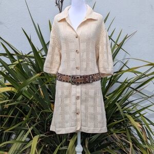 Aaron & Amber Cream Button-Up Crochet Knit Mini Dress Size Large